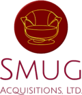 The Smug Acquisitions logo: a red circle containing a gold single line drawing of a decorative chair.