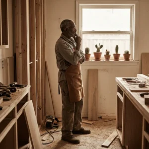 m A carpenter standing in a kitchen that is being remodeled.
