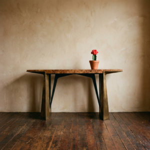 An ornamental cactus in a clay pot sitting on a unique table.
