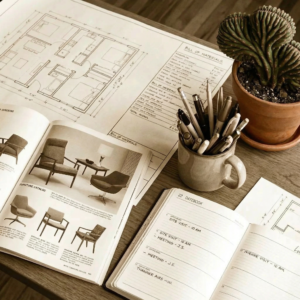 A desk cluttered with a floorplan, a furniture catalog, a mug full of pens, and a small cactus.